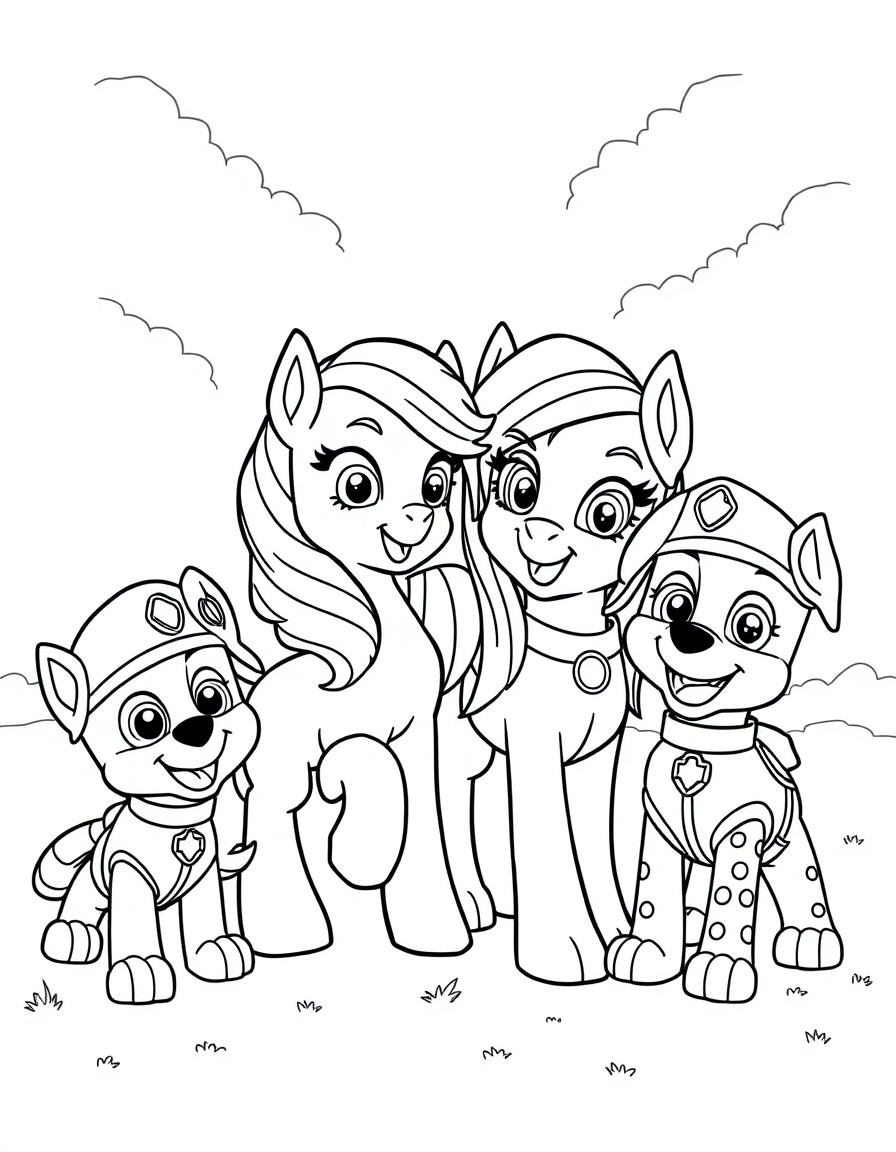 My Little Pony characters playing with Paw Patrol characters