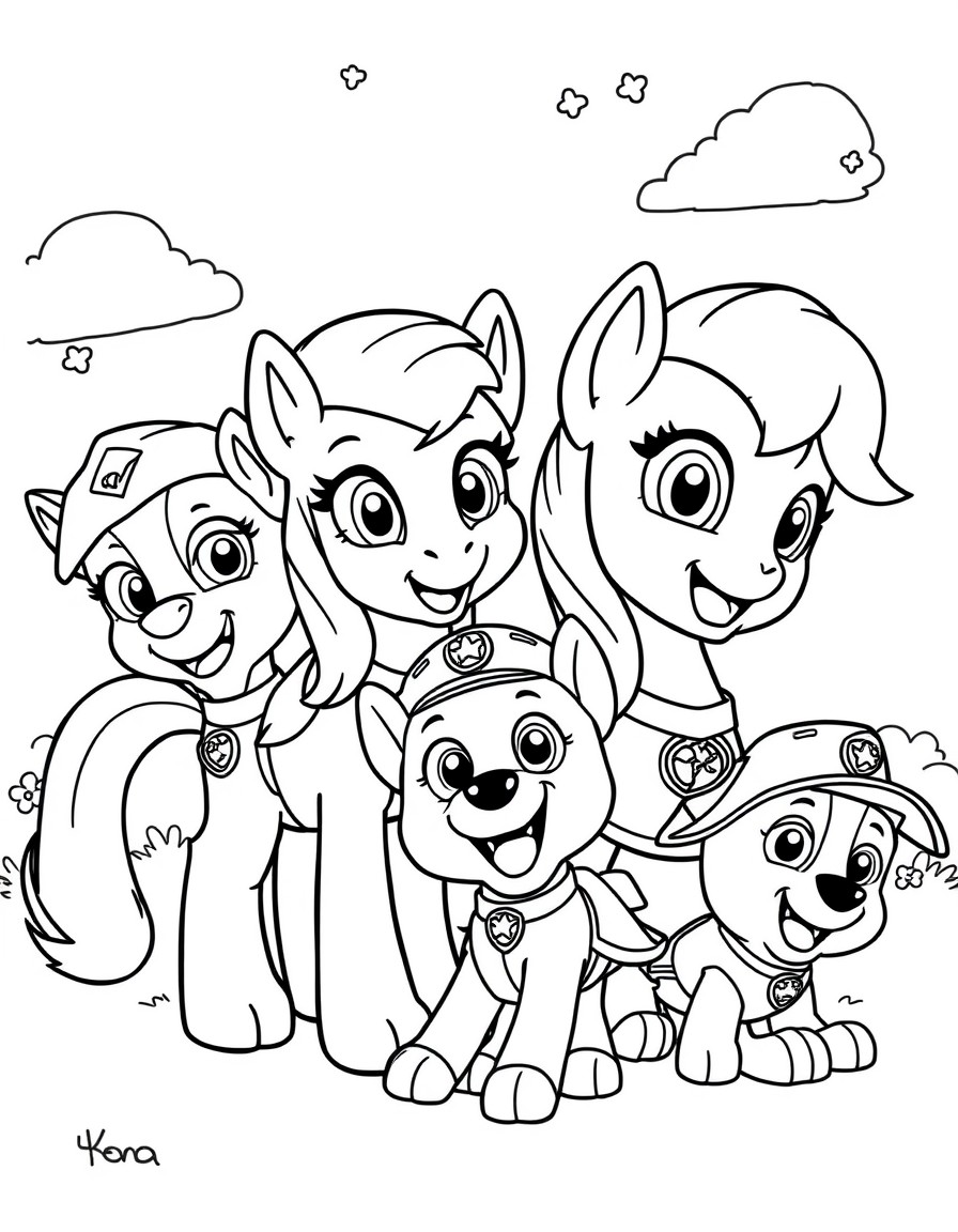 My Little Pony characters playing with Paw Patrol characters