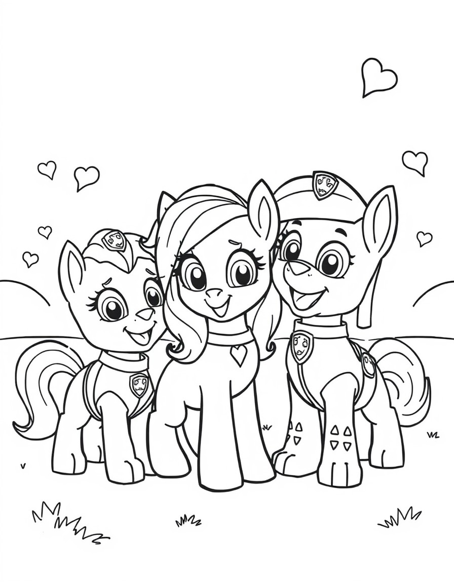 My Little Pony characters playing with Paw Patrol characters