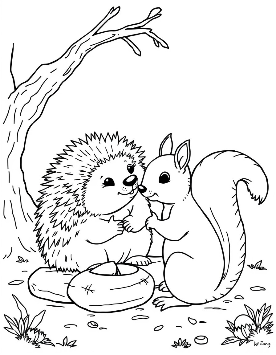 A hedgehog and a squirrel camping