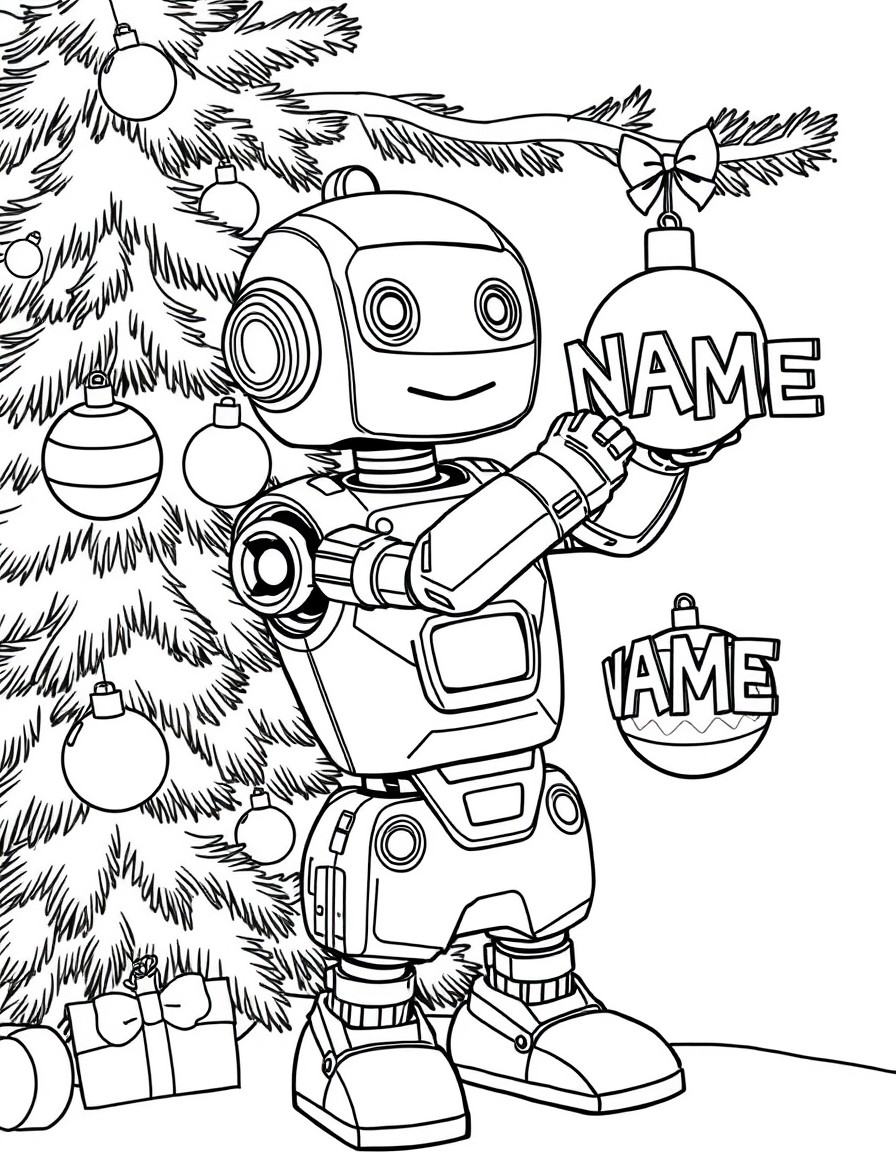 A friendly robot decorating a high-tech Christmas tree with ornaments spelling 'NAME'