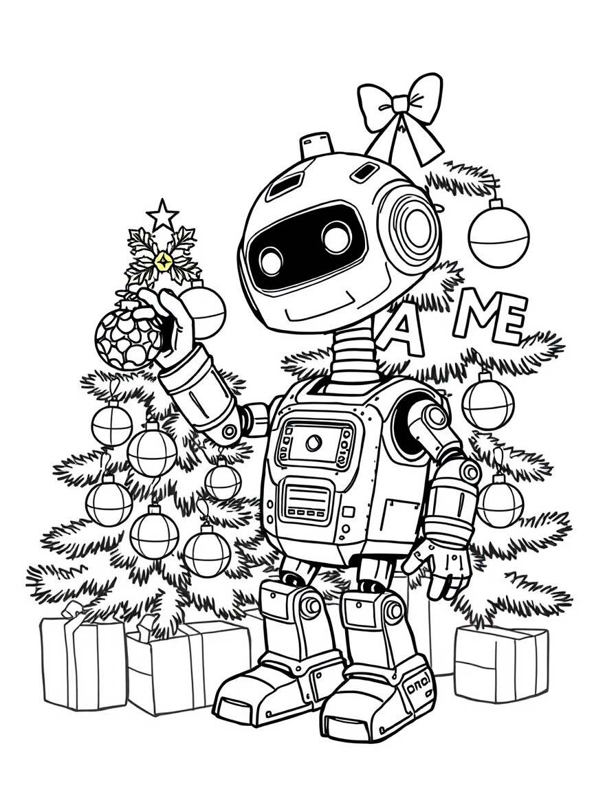 A friendly robot decorating a high-tech Christmas tree with ornaments spelling 'NAME'