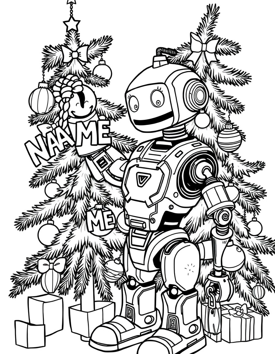 A friendly robot decorating a high-tech Christmas tree with ornaments spelling 'NAME'