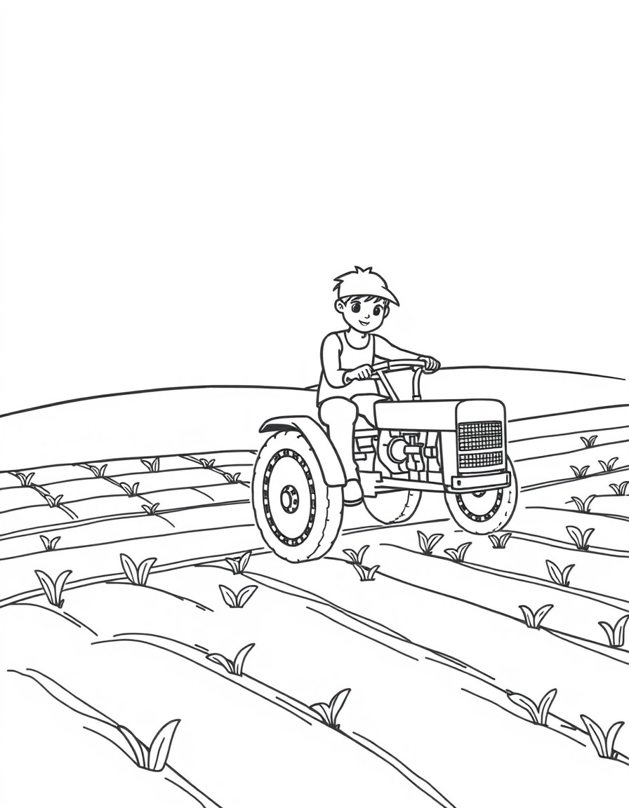 Plowing a field for planting, coloring book style, simple rounded lines, black and white outline