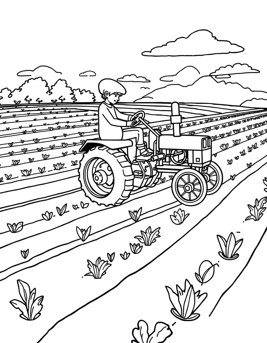 Plowing a field for planting, coloring book style, simple rounded lines, black and white outline