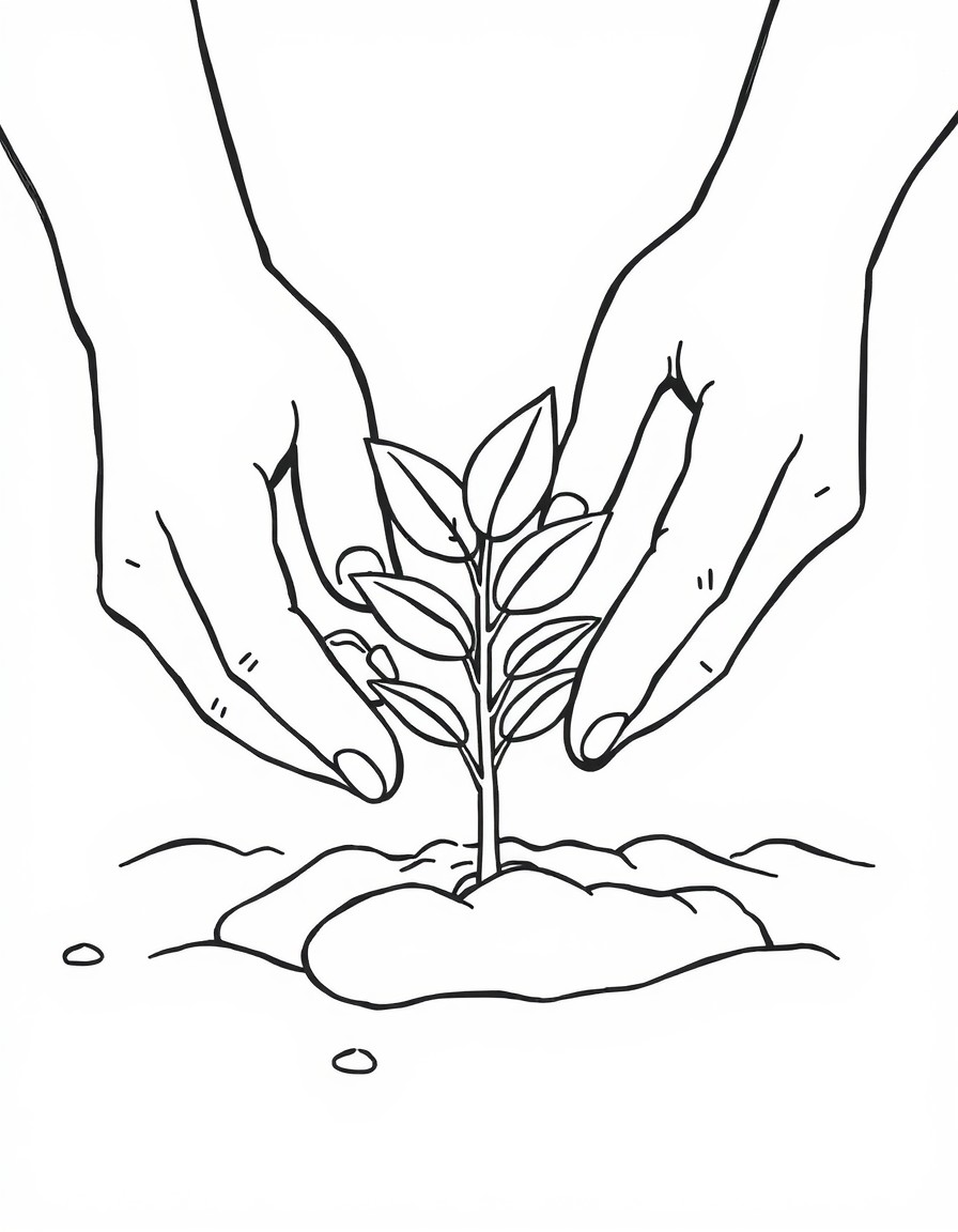 Close-up of hands planting a small seedling into the soil, coloring book style, simple rounded lines, black and white outline.