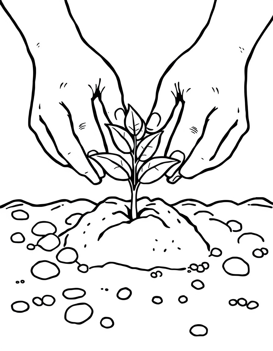 Close-up of hands planting a small seedling into the soil, coloring book style, simple rounded lines, black and white outline.
