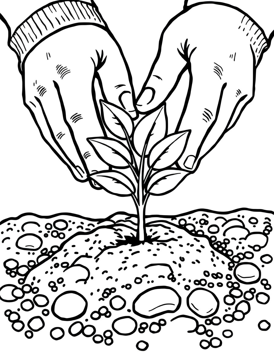 Close-up of hands planting a small seedling into the soil, coloring book style, simple rounded lines, black and white outline.