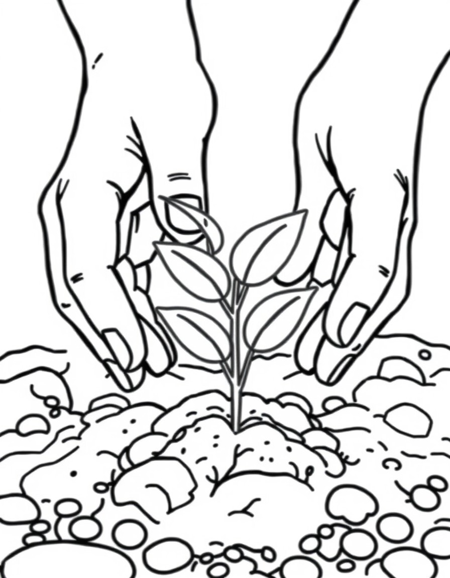 Close-up of hands planting a small seedling into the soil, coloring book style, simple rounded lines, black and white outline.