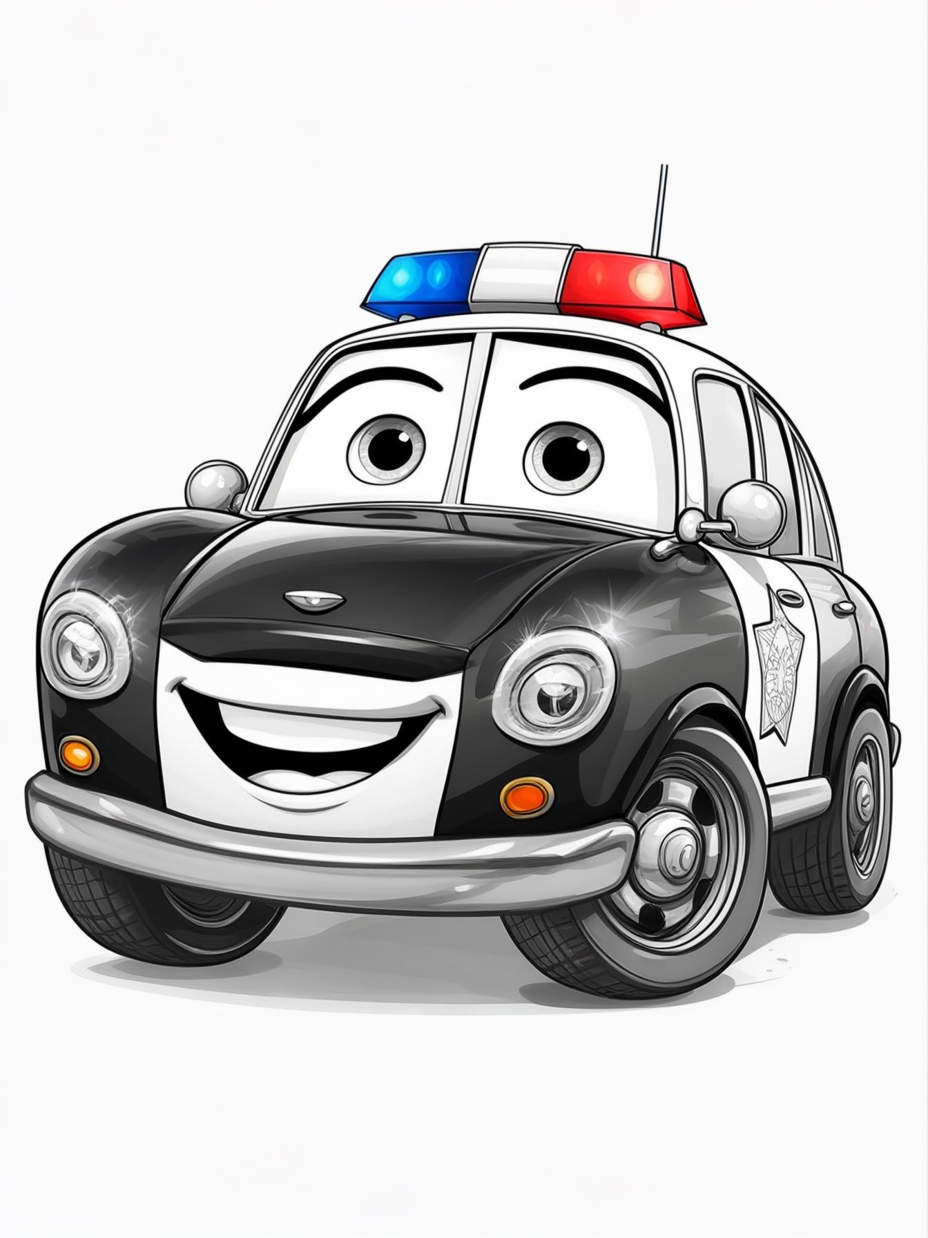 cartoon police car coloring page, simple design with bold lines, friendly look, siren on top, for toddlers aged 2-5, black and white outline, no background
