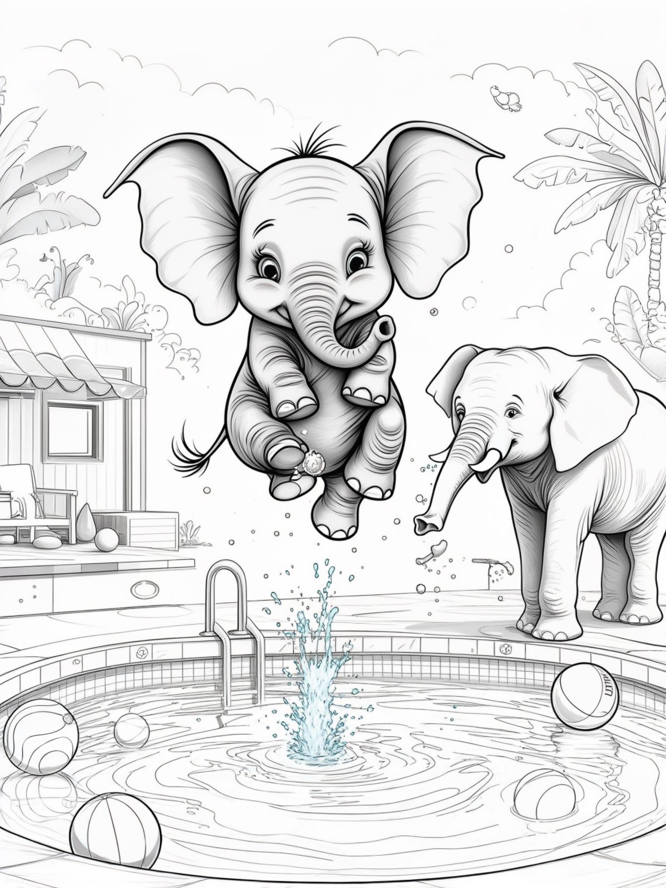 A cute, tiny elephant is jumping into the swimming pool. There are balls and other play stuff for children next to the swimming pool. There is another elephant, and this elephant is blowing water into