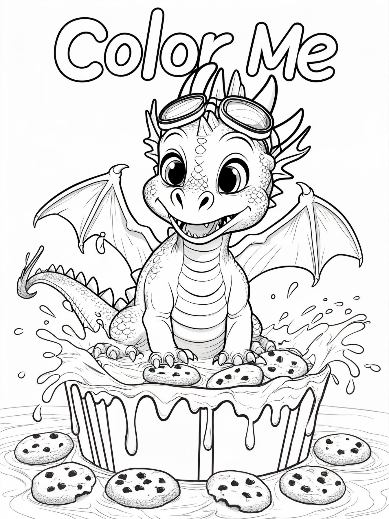 A baby dragon wearing goggles, splashing in a chocolate fountain with cookie rafts