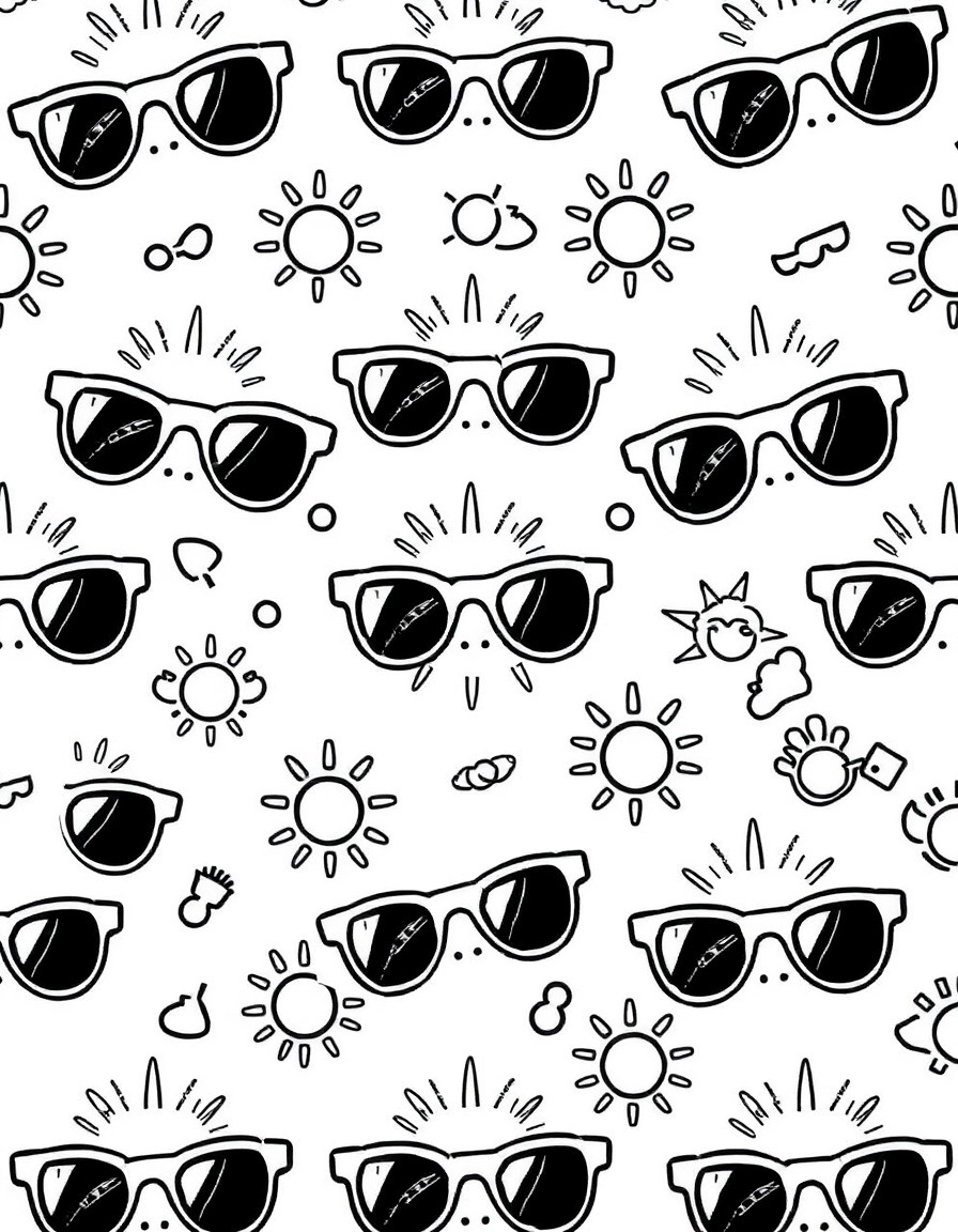 Generate a simple repeated pattern of sunglasses and sun icons using clean bold outlines.