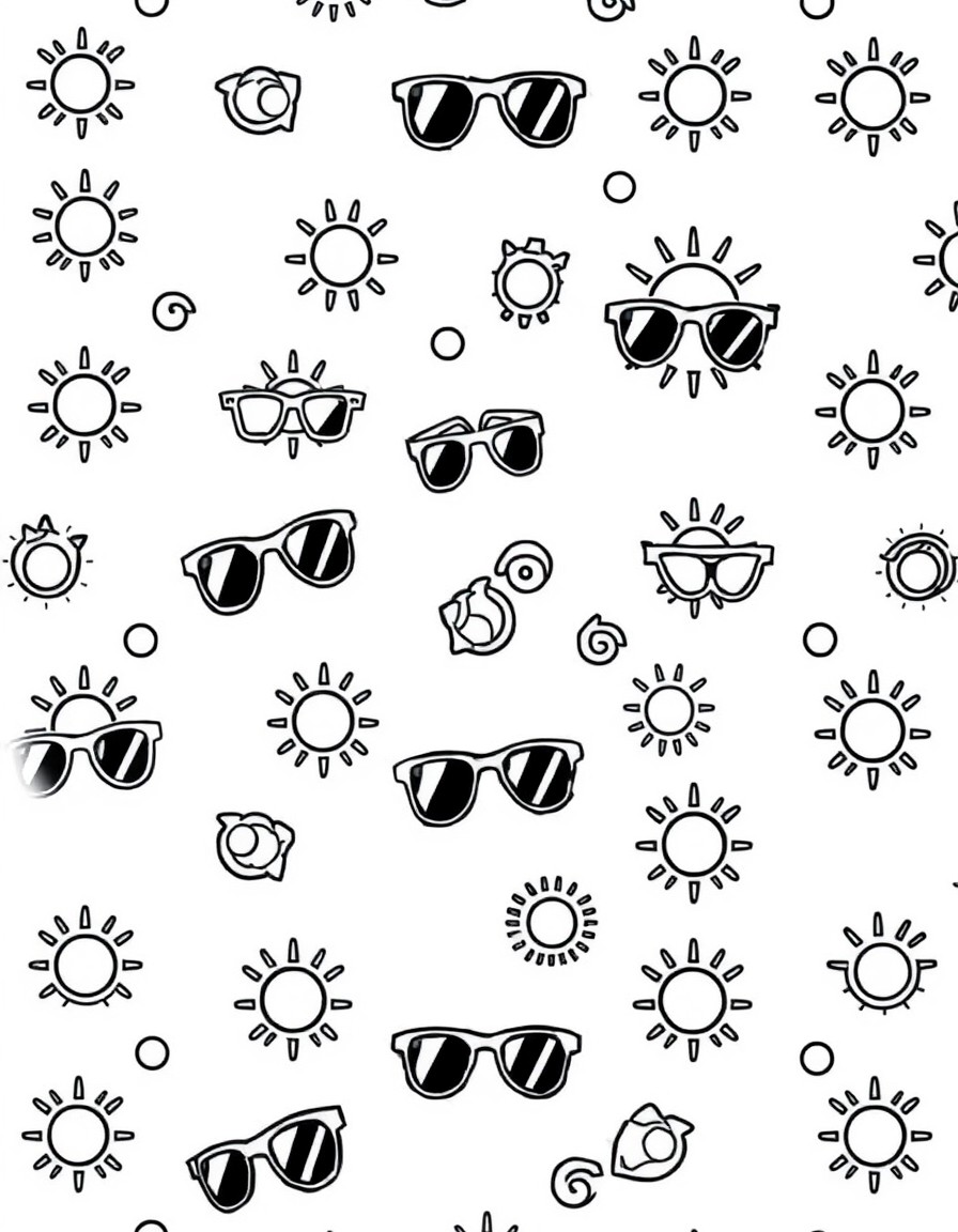 Generate a simple repeated pattern of sunglasses and sun icons using clean bold outlines.