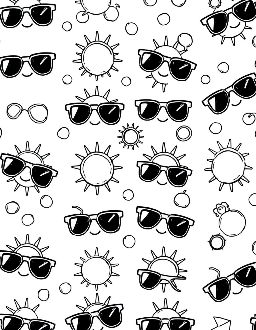 Generate a simple repeated pattern of sunglasses and sun icons using clean bold outlines.