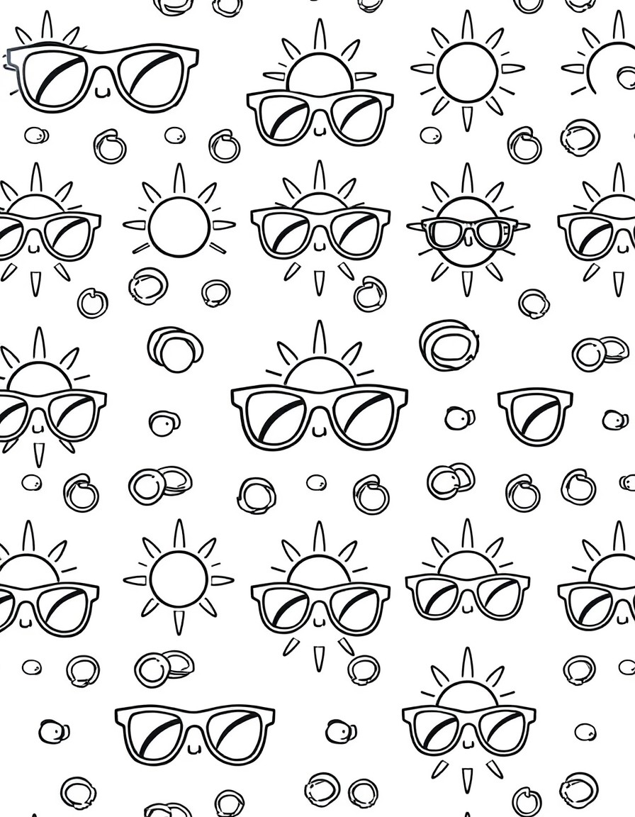 Generate a simple repeated pattern of sunglasses and sun icons using clean bold outlines.