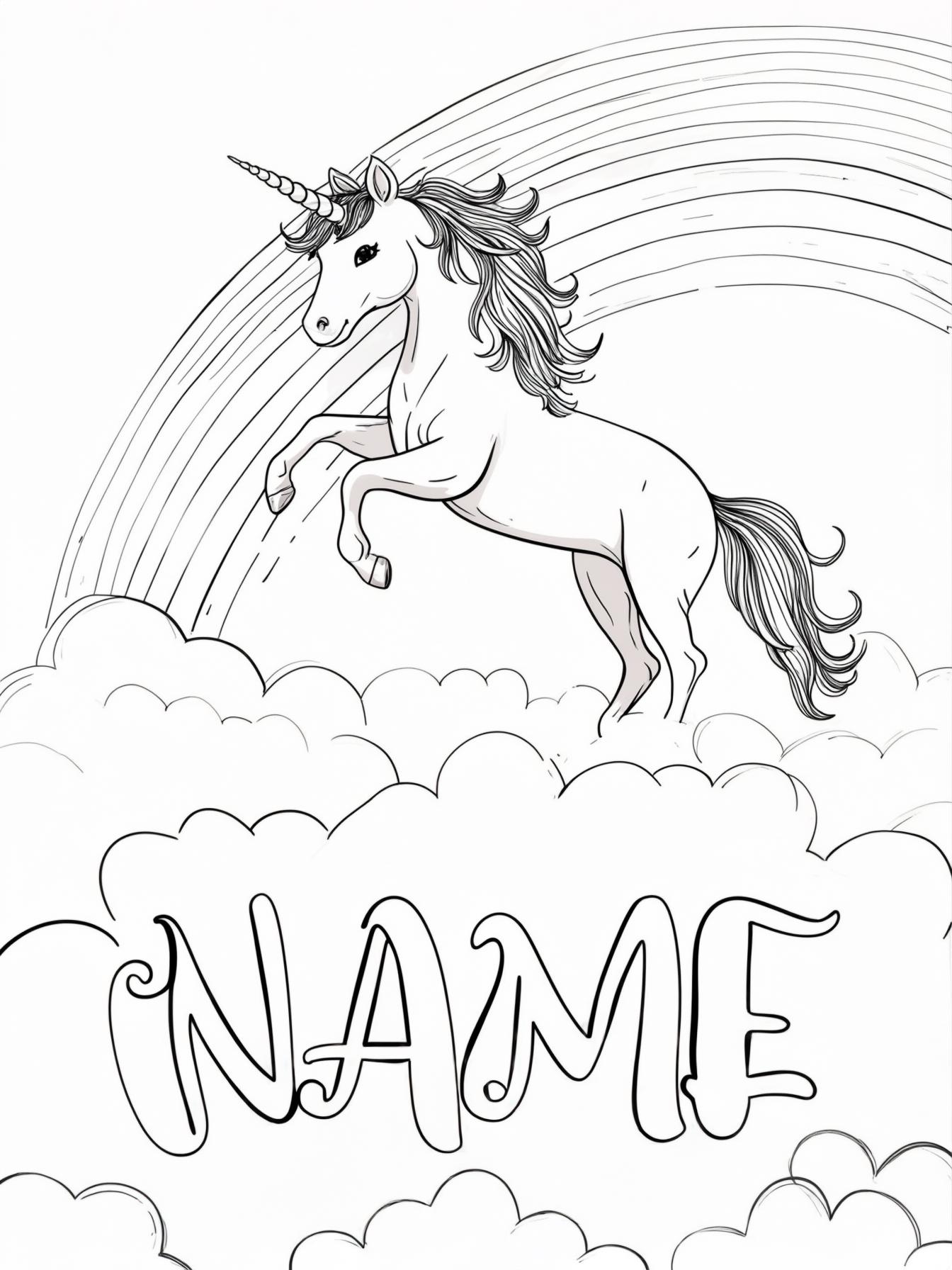 A graceful unicorn dancing on clouds, leaving a rainbow trail that forms 'NAME'