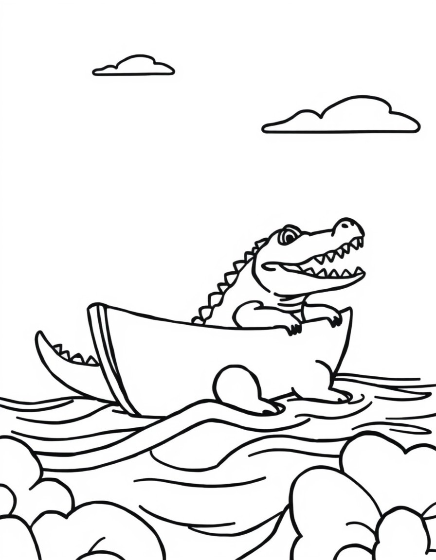 a boat on an ocean with a crocodile in the boat