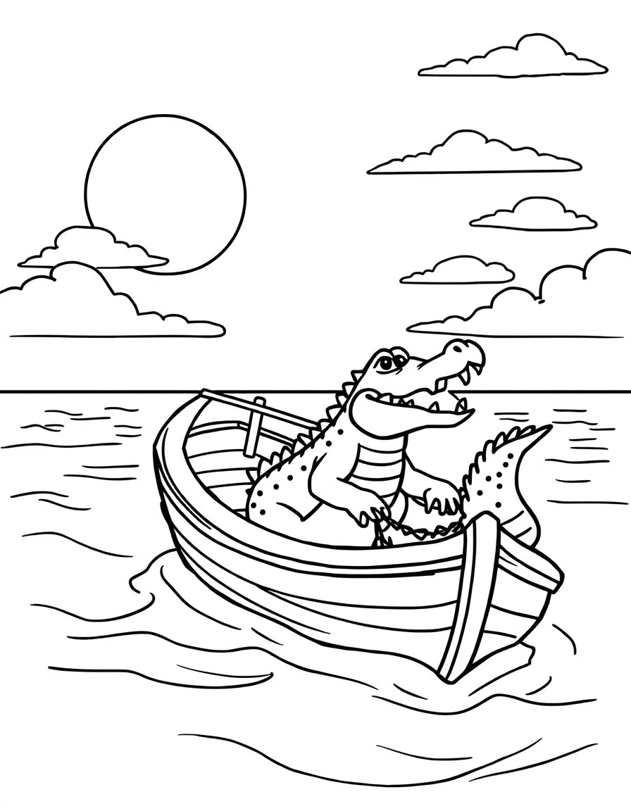 a boat on an ocean with a crocodile in the boat