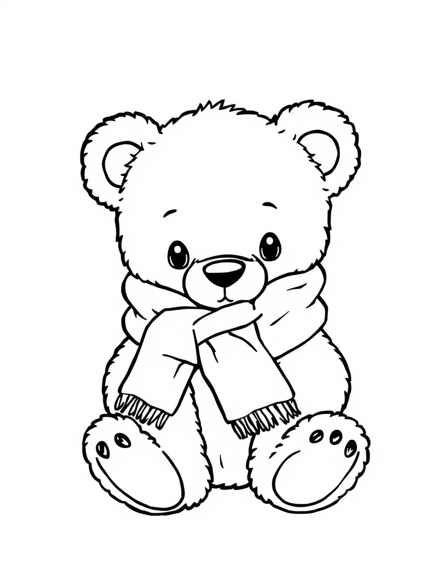 A small, cute teddy bear with a fluffy scarf around its neck, black-and-white line art, clean bold outlines, simple and minimal details, designed for a childrens coloring book.