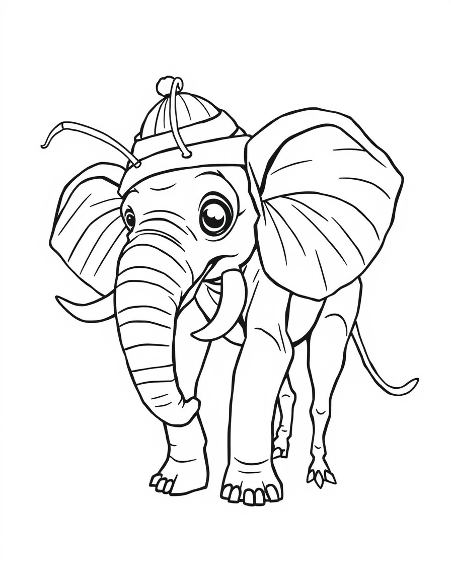 a half ant half elephant as one creature. the creature is wearing a monkey shaped hat