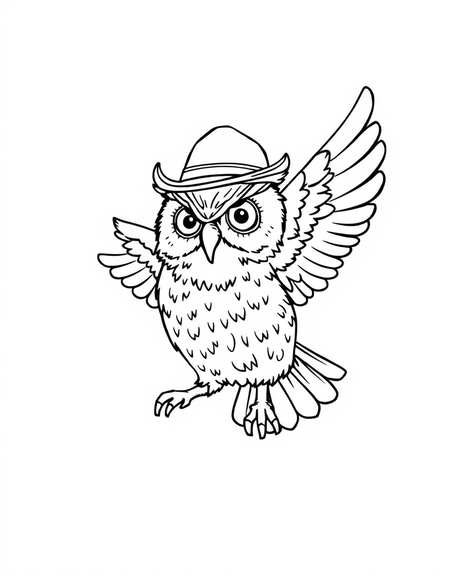 a flying owl wearing a jazz hat. simple outline