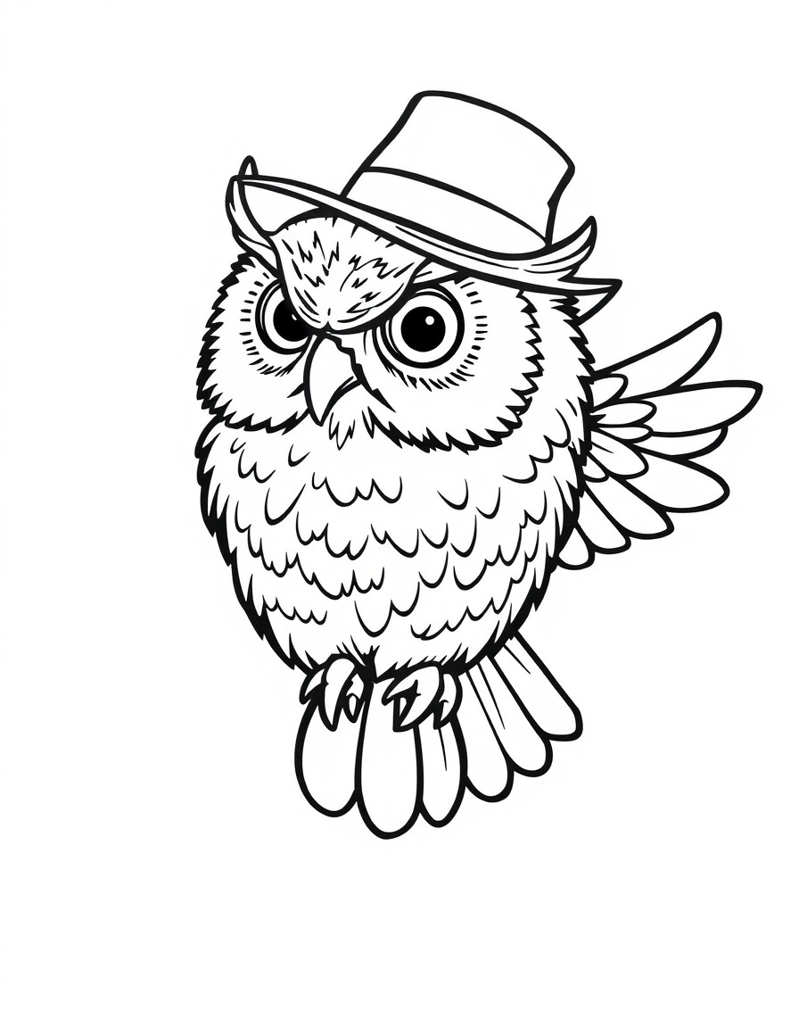 a flying owl wearing a jazz hat. simple outline
