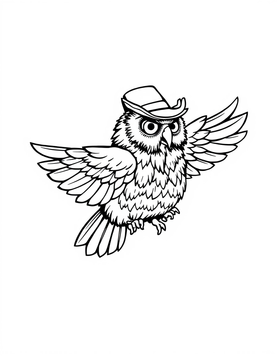 a flying owl wearing a jazz hat. simple outline