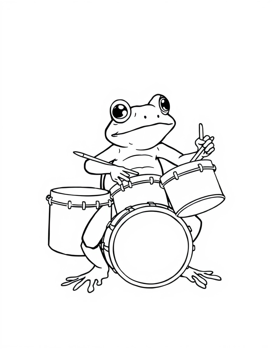 a frog playing the drums. simple outline