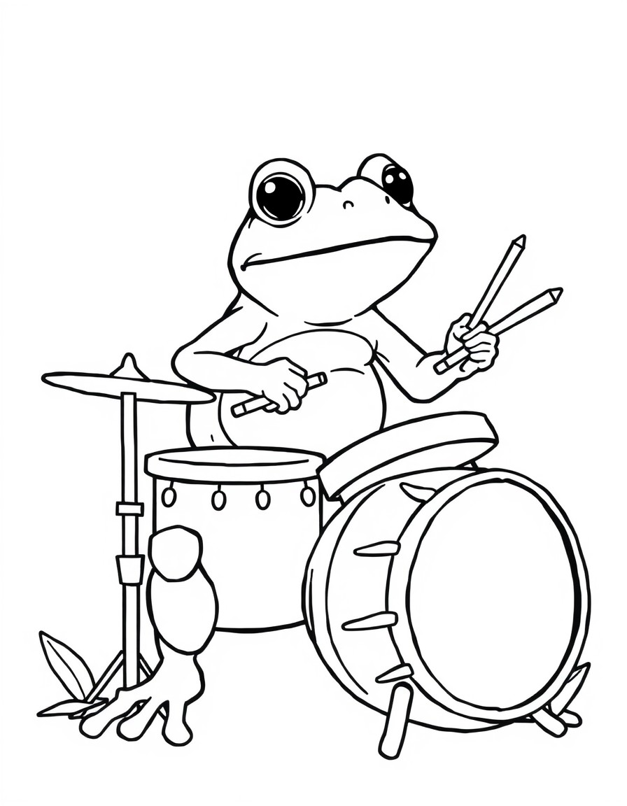 a frog playing the drums. simple outline