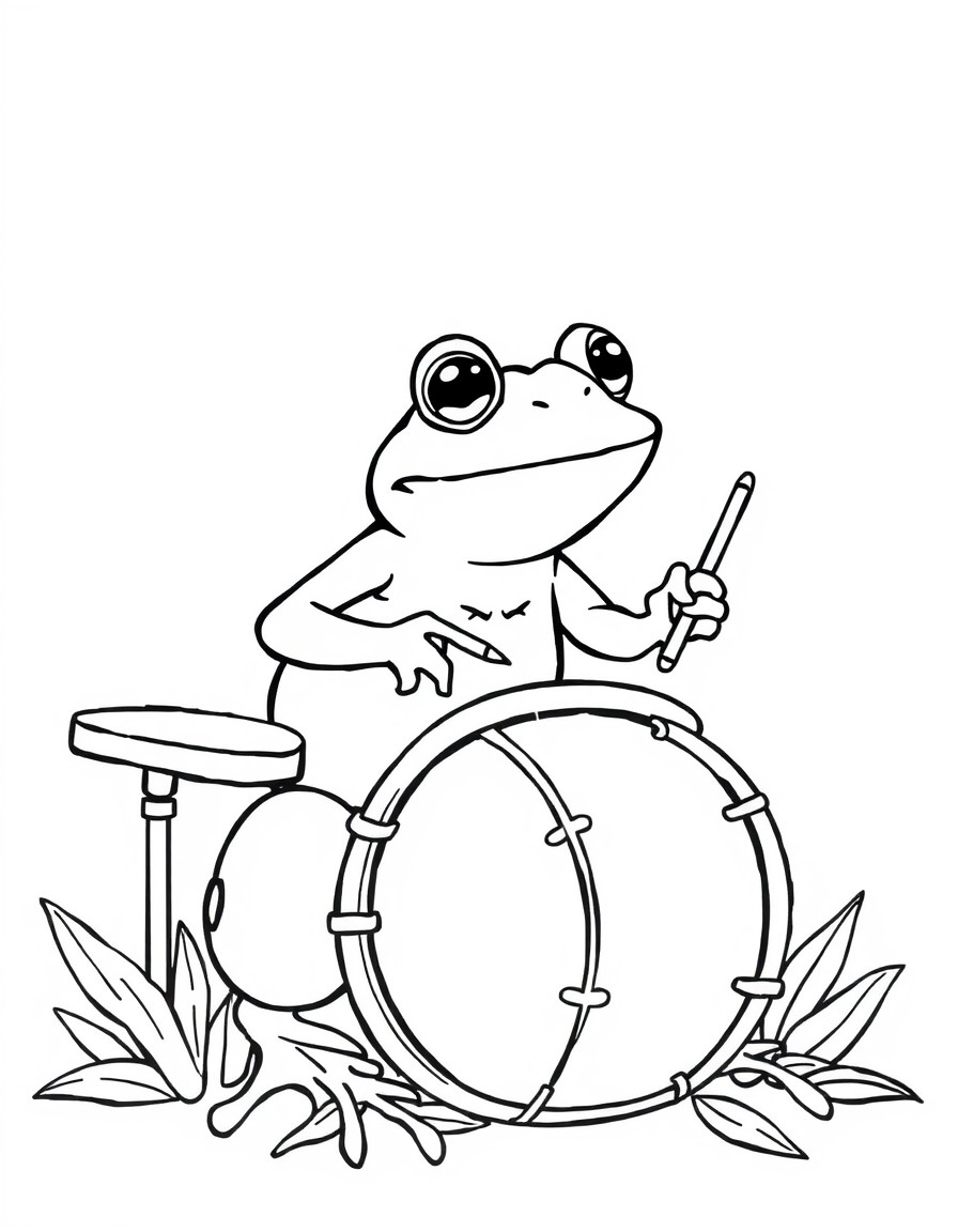 a frog playing the drums. simple outline