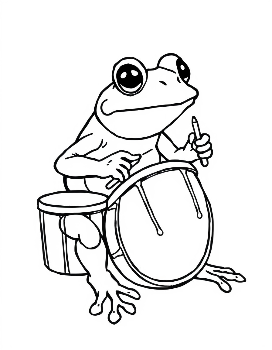 a frog playing the drums. simple outline
