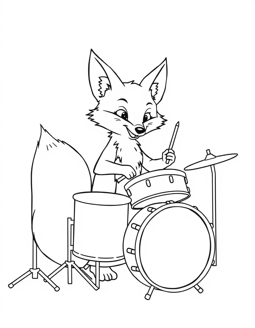 a fox playing the drums. very simple outline for kids