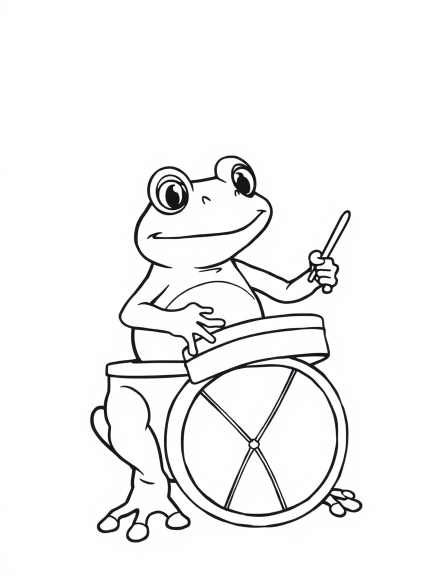 a frog playing the drums. very simple outline for babies