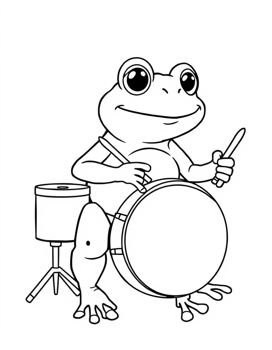 a frog playing the drums. very simple outline for babies