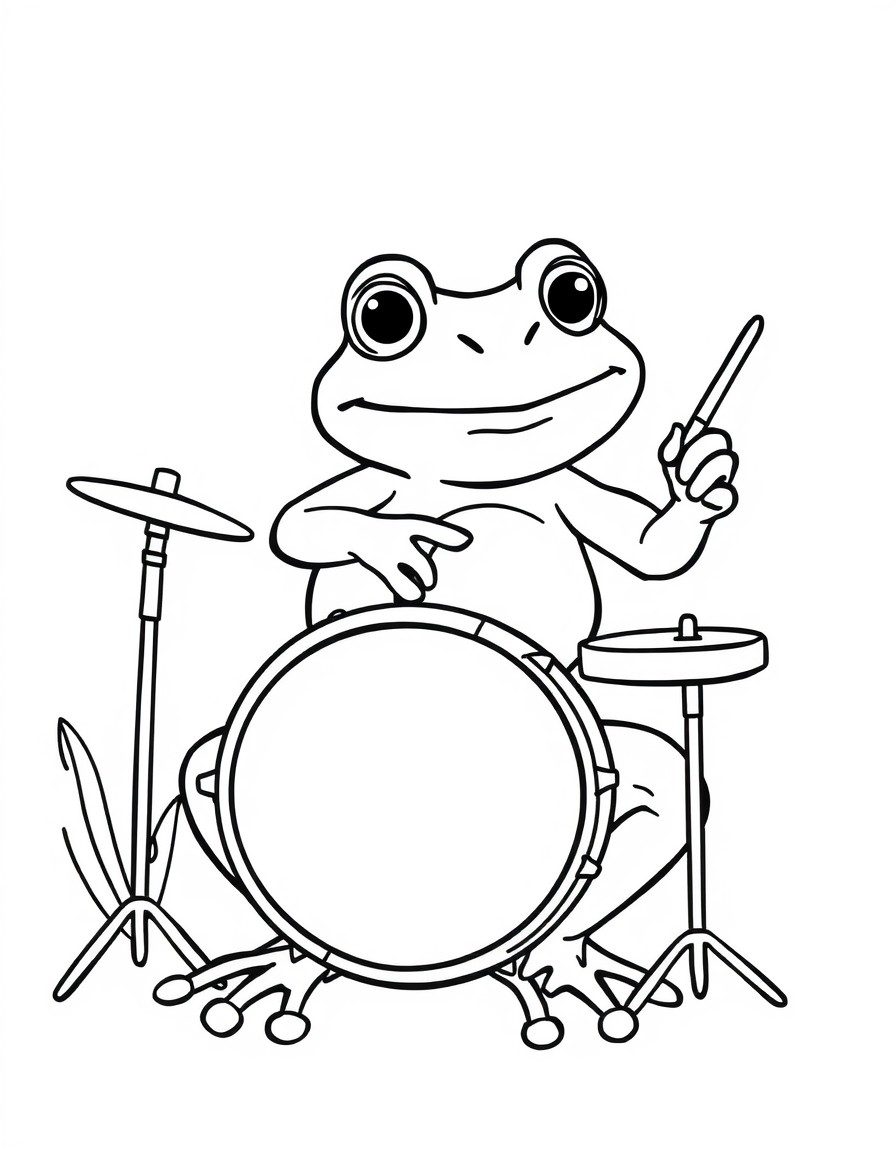 a frog playing the drums. very simple outline for babies