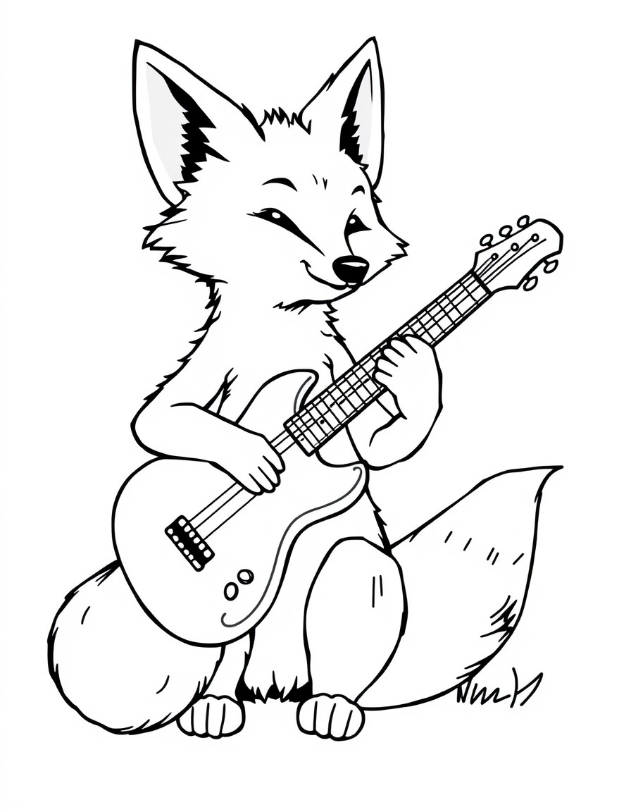 a fox playing a guitar. simple outline for babies