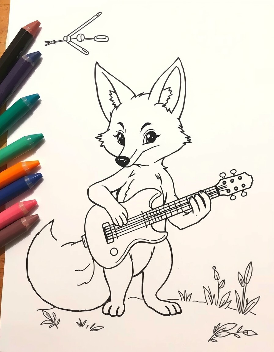a fox playing a guitar. simple outline for babies