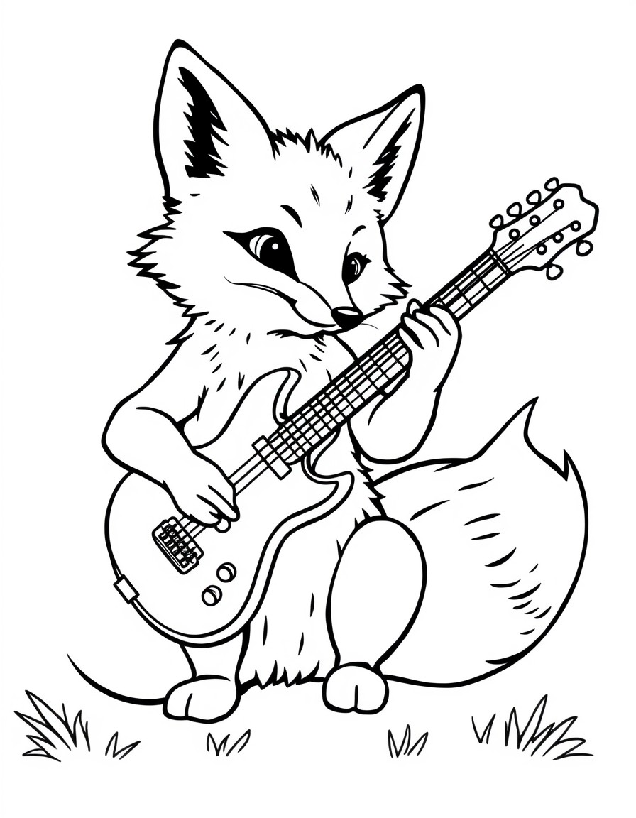 a fox playing a guitar. simple outline for babies