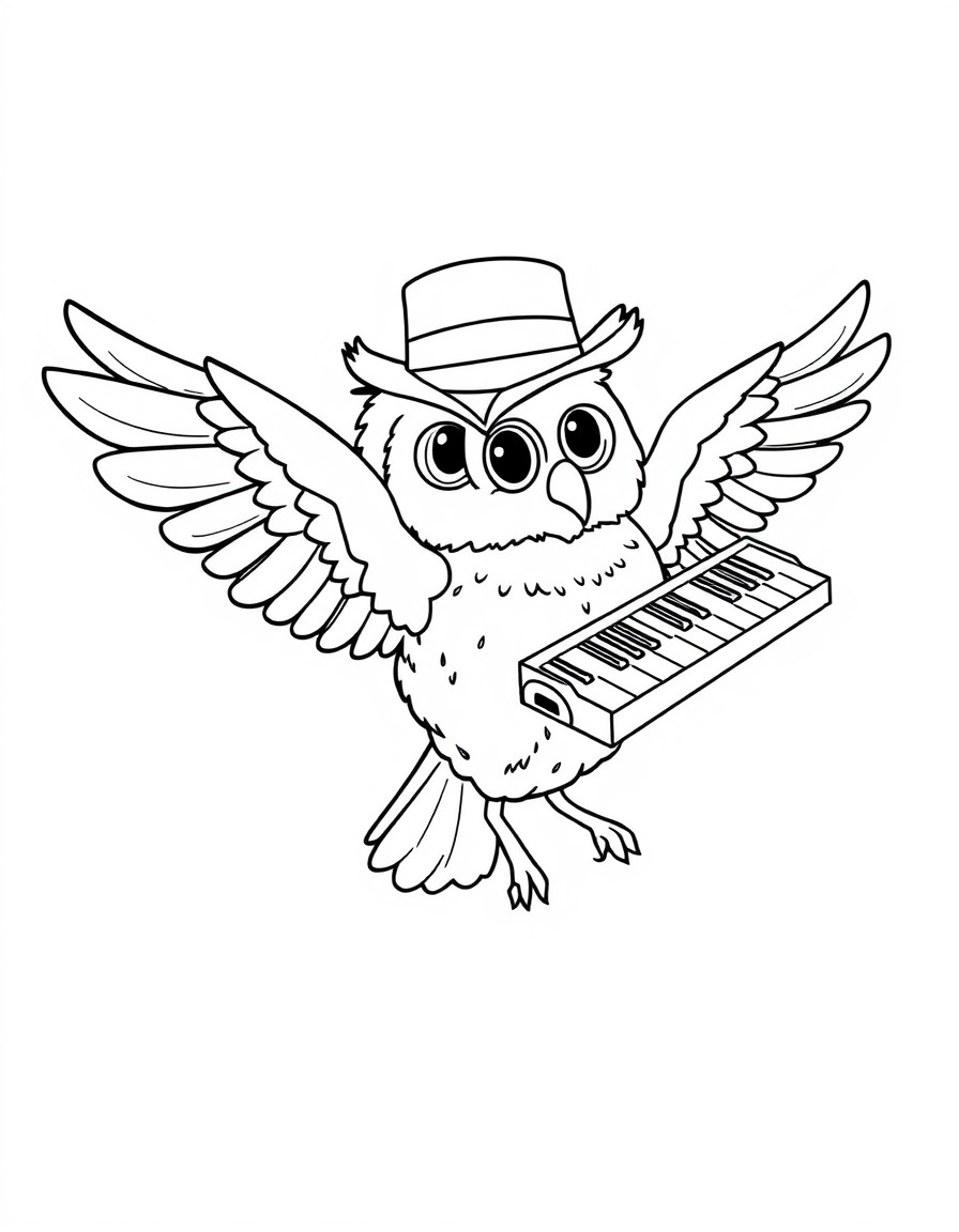 a flying owl wearing a hat and holding a hand piano. very simple outline for babies