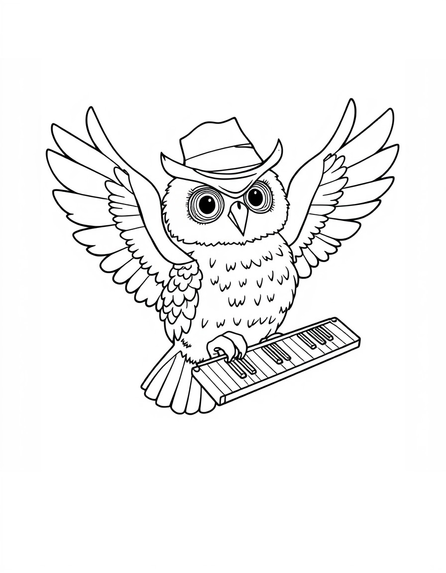 a flying owl wearing a hat and holding a hand piano. very simple outline for babies