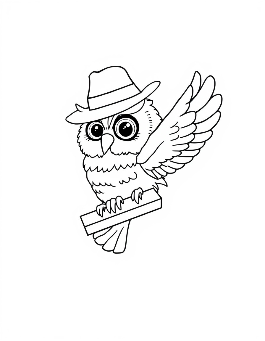 a flying owl wearing a hat and holding a hand piano. very simple outline for babies