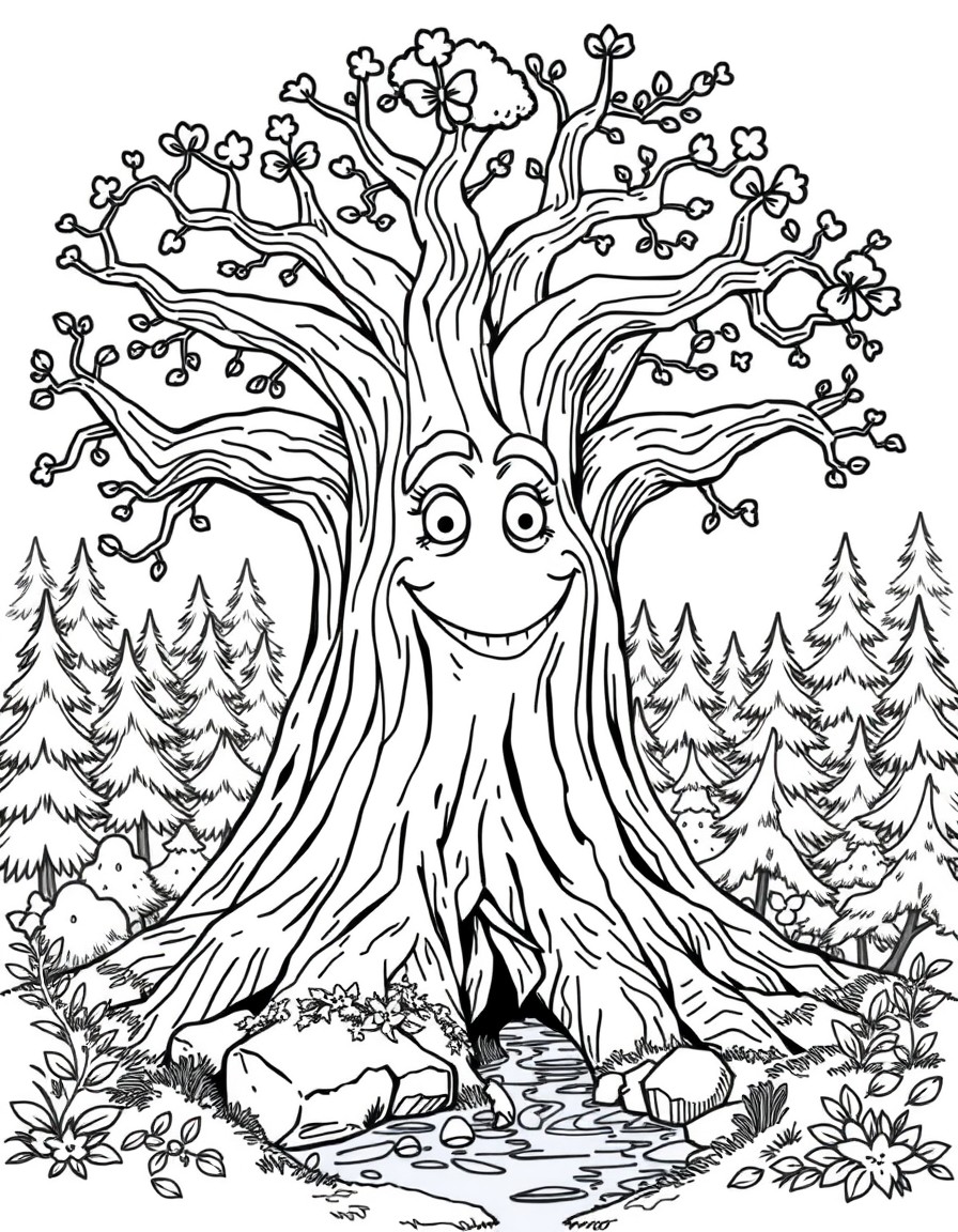 a big magical tree with a friendly face, a small stream, forest background