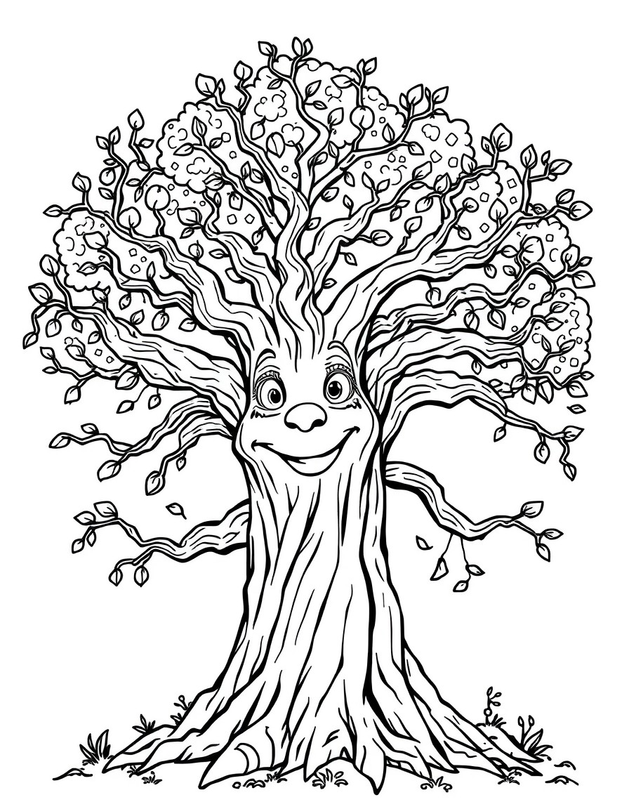big magical tree with a friendly face. clear, simple lines