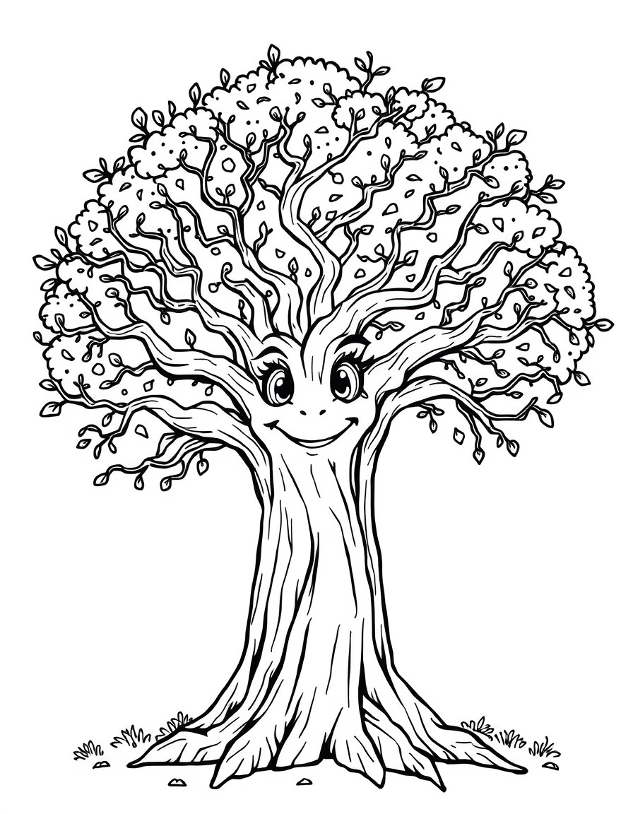 big magical tree with a friendly face. clear, simple lines
