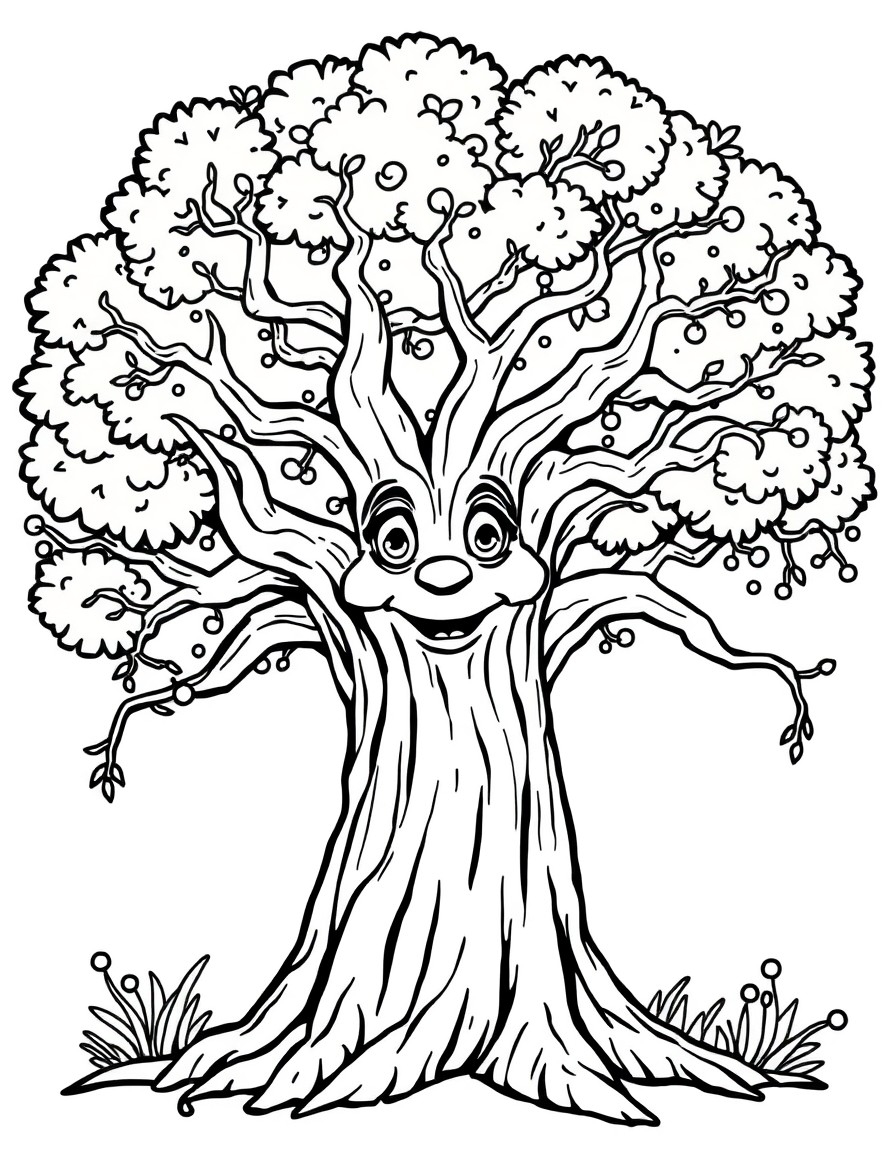 big magical tree with a friendly face. clear, simple lines