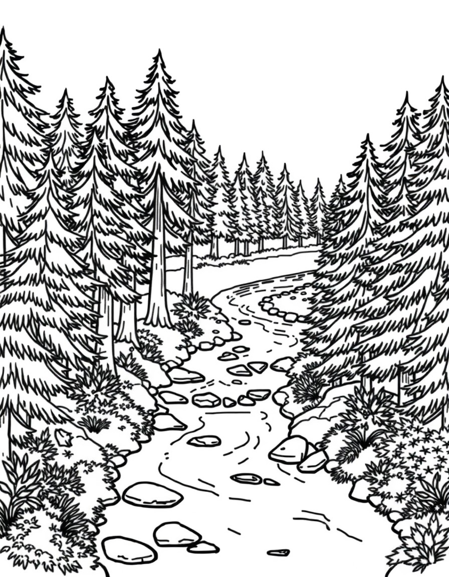 horizontal simple lines for toddlers forest with a stream