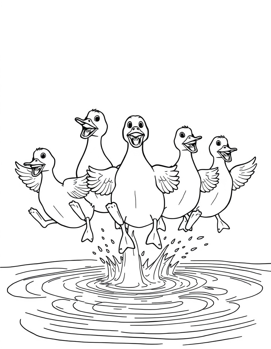 five happy ducks jumping into the water