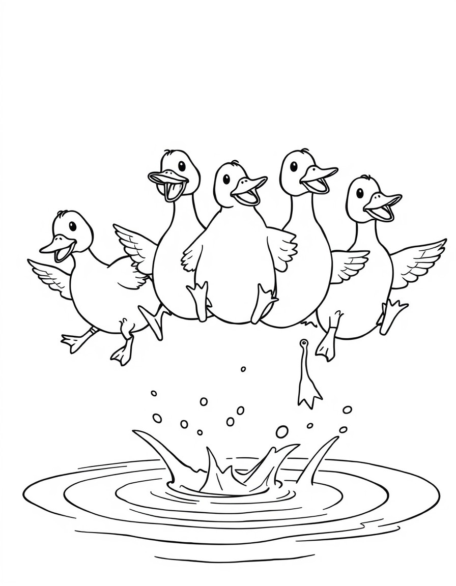 five happy ducks jumping into the water