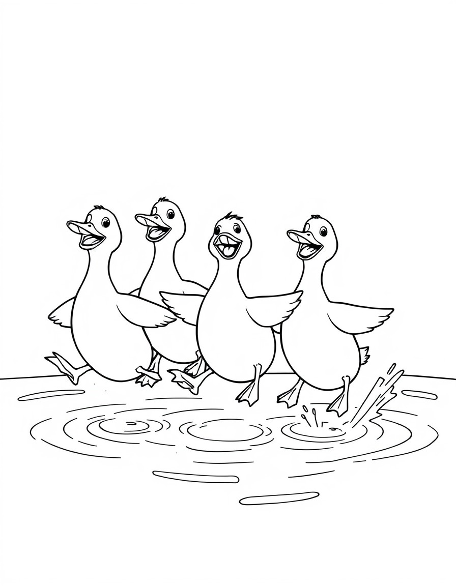 five happy ducks jumping into the water